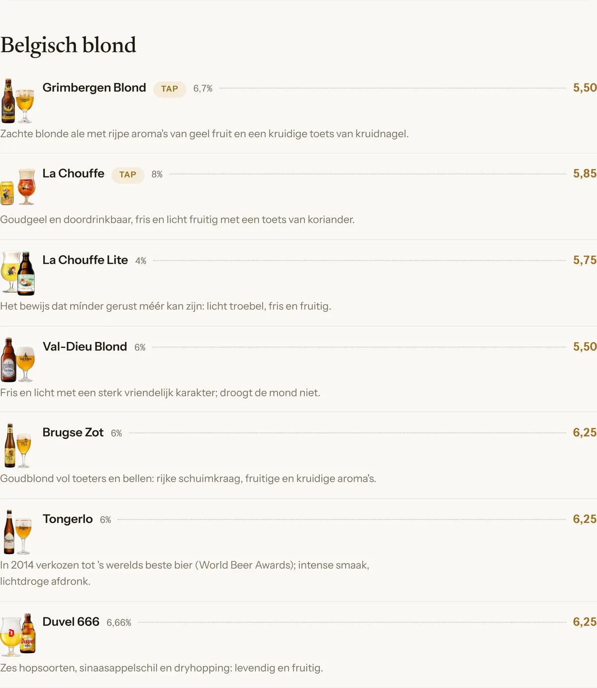 Een categorie uit de menukaart met vrijstaande flessen per bier